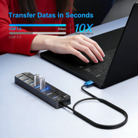 Hub USB 3.0 à 7 ports avec lampe LED, interrupteur indépendant / câble de 1,2 mètre, compatible ordinateur, tablette, séparateur USB3.0, vitesse 5 Gbps