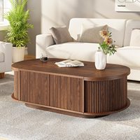 Table Basse Ovale Moderne de Salon avec Rangement, Table Basse en Bois avec Porte à Pression et 2 Couvercles Cachés Relevables pour le Salon
