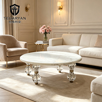 Ensemble de table basse ovale moderne en marbre avec base en cristal et plateau en acier inoxydable, meubles de salon de luxe, table centrale design