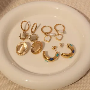Orecchini classici in oro Vintage in acciaio inossidabile da donna gioielli di lusso turchese Opal a forma di C