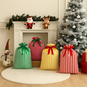 In Stock Striped <b>Christmas</b> Santa <b>Sack</b> Drawstring Gift Bag Large Xmas <b>Present</b> Storage Pouch With Velvet Bow for Gift Wrapping - Product Image 1