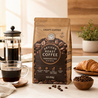 Sachet d'emballage pour grains de café personnalisé, de qualité alimentaire, à haute barrière, avec valve de dégazage unidirectionnelle, fond plat et fermeture éclair refermable