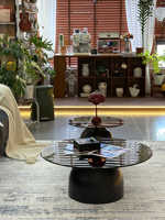Table Basse Moderne Nordique avec Plateau en Verre Transparent et Panneau en Bois au Design Élégant de Style Européen pour Salons