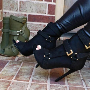 Streetwear Back Zipper Buckle Strap <b>Round</b> Peep <b>Toe</b> Women Ankle Boots Solid Thin High <b>Heel</b> Short Booties for Ladies Big Size 43 - Product Image 2