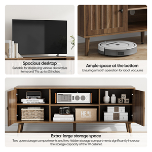 Wooden TV Cabinet 55 Inch With 2 Vertical Groove Doors Adjustable <b>Shelves</b> Living Room Storage Entertainment Unit - Product Image 6