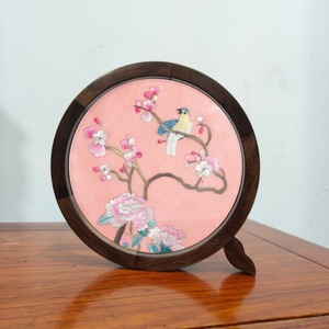 Handcrafted Landscape Embroidered Table <b>Screen</b> Walnut Wood Round Frame Traditional Design Living Room Bedroom Decor - Product Image 4