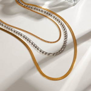 Layered Necklace 18K Gold Stainless Steel Gold Silver Color Block <b>Cross</b> <b>Chain</b> Geometric Multi Layer Fashion Jewelry - Product Image 3