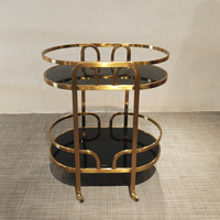 Chariot de bar domestique en verre trempé noir durable avec cadre en acier inoxydable doré, chariot à boissons pour hôtel, chariot de service roulant pour fêtes et desserts