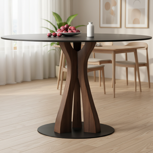 Tavolo da Pranzo Artistico Rotondo in Pietra Sinterizzata con Base Curva in Legno di Noce, Arredamento Moderno per Cucina - Product Image 4