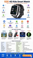 Montre connectée pour enfants modèle S35, design fin, batterie 900 mAh, appels vidéo 4G, GPS, double caméra 2MP+5MP, écran IPS, bracelet en silicone