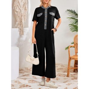 Mono casual holgado de verano para mujer, de manga corta, cuello en V, con botones, pierna ancha, de una pieza, color liso, pantalón largo. - Product Image 2