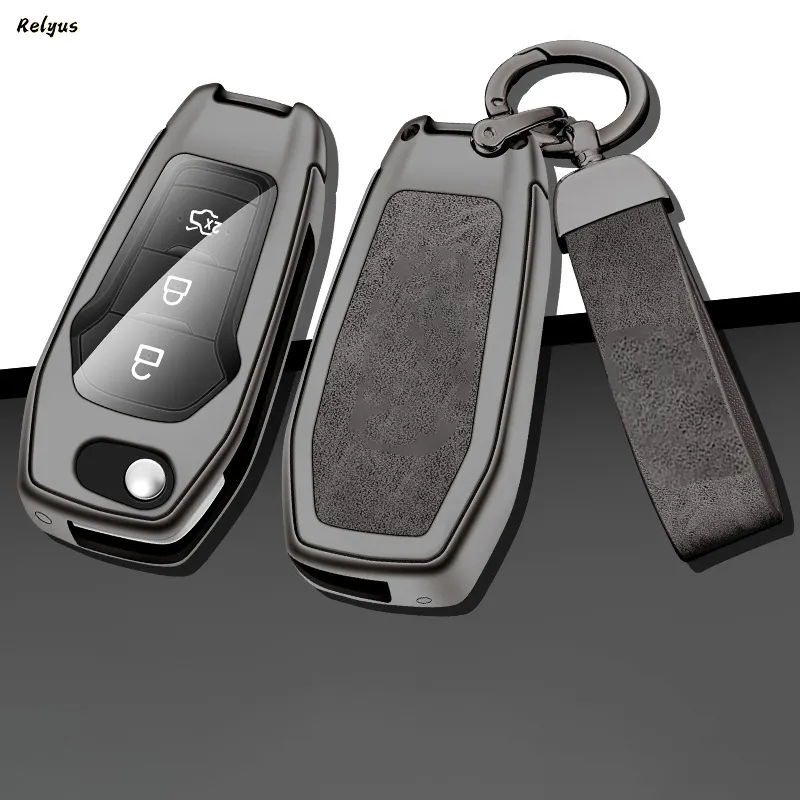 Zinc Alloy Leather Car Logo Key Cover Case Protector Shell For Ford Fusion Fiesta Escort Mondeo Everest Ranger Holder Keychain