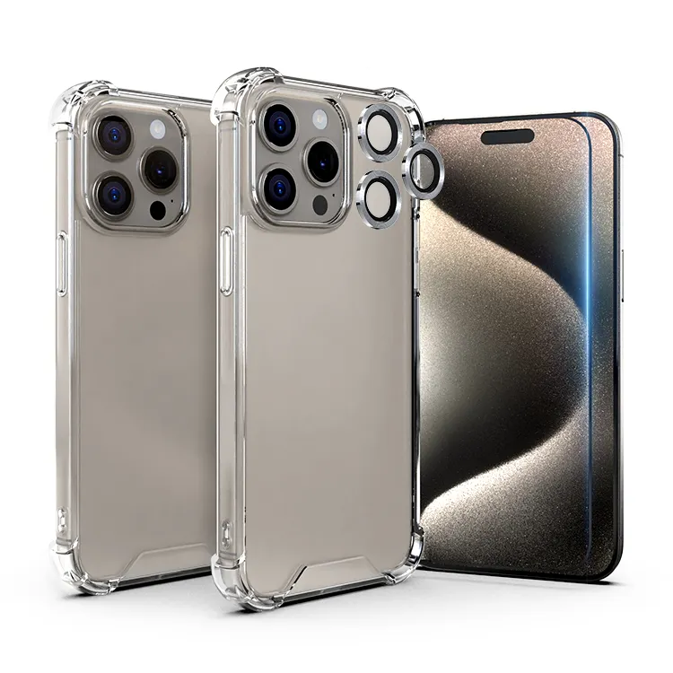 Funda 5 en 1 para iPhone 15 Pro, protección transparente, funda a prueba de golpes, no amarillea con Protector de pantalla 2X + Protector de lente de cámara 2X