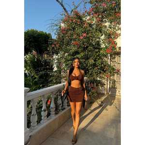 Ensemble jupe en spandex marron avec détail rose, taille empire, motif uni, robe longue débardeur streetwear pour l'été en tissu tricoté - Product Image 5