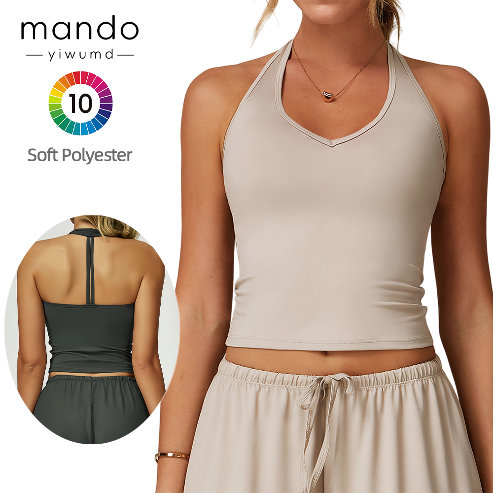Yoga Tank Top Soft Brushed Polyester Halter Neck Backless Strap Gym Vest 4-Way Stretch Tummy Control Knit Fabric