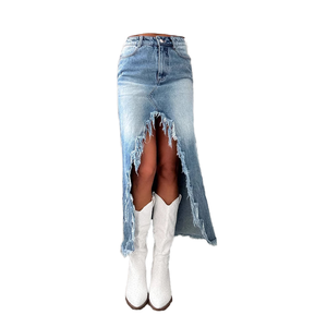 Jupe longue en jean taille haute pour femme, style vintage, avec fente avant, jupe longue en jean ouverte sur le devant, jupes imprimées personnalisées pour femme - Product Image 1