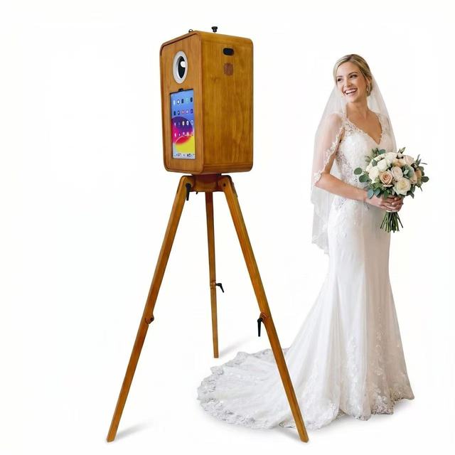 Wooden Wedding Photo Booth IPad/Camera/SLR Foldable Triangle Stand 15-Person Capacity Self-Service Print for Party Events