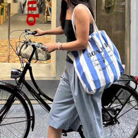 Individuelles Logo Große Übergroße Gelbe Rosa Blaue Grüne Braune Gestreifte Baumwoll-Canvas Alltags- und Lifestyle-Einkaufstasche