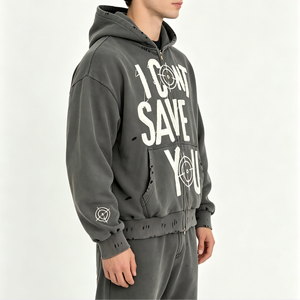 XINGE Sweat à capuche zippé oversize streetwear en coton épais 380 g/m² délavé à l'acide avec imprimé slogan et épaules tombantes, style décontracté - Product Image 3