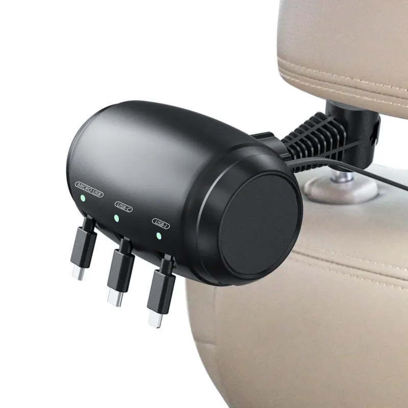 New Car Taxi Headrest Backseat Retractable Cord 3 in 1 Power Charging Station Car Charger Type C Micro USB for phone tablet