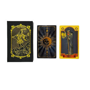 Venta al por mayor de cartas de <span class=keywords><strong>Tarot</strong></span> impermeables de PVC personalizadas, modelo de <span class=keywords><strong>universo</strong></span> sol dorado negro con Manual de usuario, naipes duraderos - Product Image 6