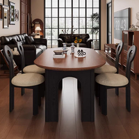 Table de cuisine ovale en noyer style rétro moderne 6 places, ensemble table et 8 chaises en bois massif pour restaurant et maison