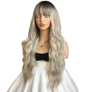 DREAM.ICE'S Long Body Brown with Blonde Wave Hair Wig Women's Synthetic Wavy Wigs With Bangs Natural Heat Resistant jumbo Wig