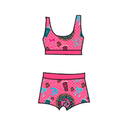Ensemble deux pièces d'été respirant pour fille, imprimé vintage, avec débardeur en tissu peigné motif cerises et short en dentelle