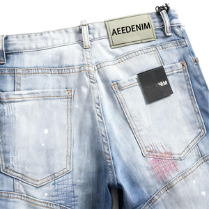 AeeDenim Vente en gros OEM Jeans droits pour hommes, style 'Penny', déchirés, avec patchs, stretch, peinture éclaboussée, panneau bleu, denim 'Beggar', écologique - Product Image 4