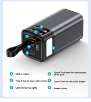 Batterie externe portable 20000mAh en alliage d'aluminium ultra-mince noire avec charge rapide, entrée Micro USB, câbles intégrés et 4 sorties