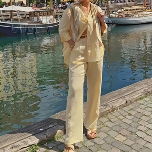 Ensemble 2 pièces pour femmes, chemise à manches longues ample en coton et lin de couleur unie et pantalon décontracté, nouvelle mode - Product Image 3