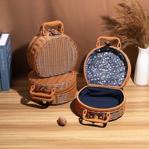 Handheld Ronde Koffer Begeleidende Geschenk Organizer Vintage Geweven Rotan Dozen - Product Image 5
