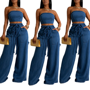 Women's Autumn-Winter Best-Selling Casual Denim Crop Top With <b>Rope</b>-Detailed Wide-Leg Pants Set Fashion - Product Image 1