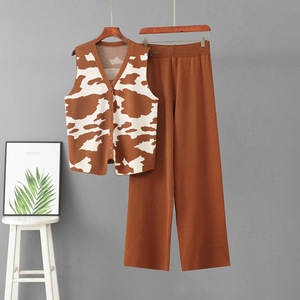 2026 Summer Casual Sleeveless Cardigan Leopard Print <b>Knit</b> <b>Set</b> for Women Loose Slimming Wide-Leg Pants Two-Piece ropa de mujer - Product Image 4