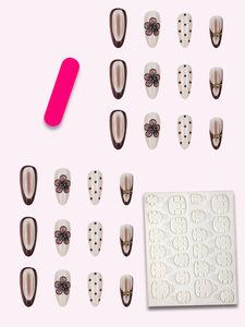 Faux ongles à presser en amande, 24 pièces, motif floral à pois <span class=keywords><strong>marron</strong></span> avec perles dorées, réutilisables, couverture complète, vente en gros - Product Image 4