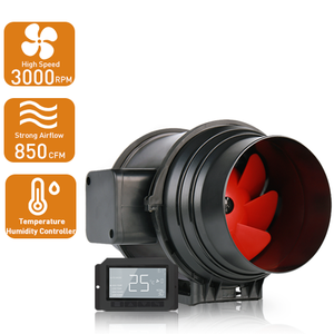 Ventilateur conduite en ligne, 370 CFM, 6 pouces, avec contrôleur de vitesse et moniteur d'humidité, pour tente de croissance - Product Image 3