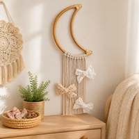 Organisateur de pinces à cheveux et porte-nœuds en bambou, forme croissant de lune, style bohème, écologique, multifonctionnel, décoration murale pour la maison