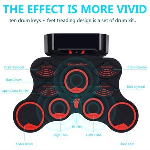 Kit de batterie électronique 9 pads, pliable, en silicone, rechargeable par USB, rouge et noir, ensemble de percussion pour enfants - Product Image 2