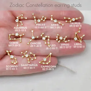 Chất Lượng Cao Zodiac Cubic Zirconia 18K Vàng Mạ Vàng Sterling Silver Bạc 925 Zodiac Stud Bông Tai Chiêm Tinh Học Bông Tai