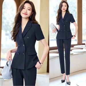 Women's Navy Blue Business Suit Set Short Sleeve Summer Lightweight Office Lady Formal Work Uniform Breathable Polyester Fabric - Product Image 1