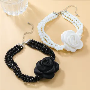 Vintage Multi-layer acrylic chain Big Fabric white black color floral flower Pendant Choker Necklace Women Punk Chunky Jewelry
