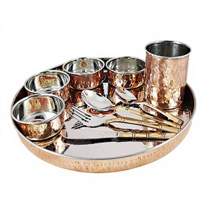 Ensemble de thali en acier inoxydable et cuivre de haute qualité au design classique avec cuillère en verre compatible lave-vaisselle à prix de gros - Product Image 1