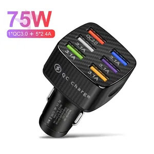 QC3.0 6USB 자동차 충전기 75W 빠른 충전 전화 어댑터 자동차 15A 아이폰 14 Xiaomi 화웨이 삼성 자동차 빠른 충전