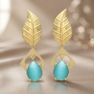 Nouvelles boucles d'oreilles ethniques plaquées or avec pierre précieuse turquoise en forme de feuille, pour mariage et fiançailles - Product Image 2