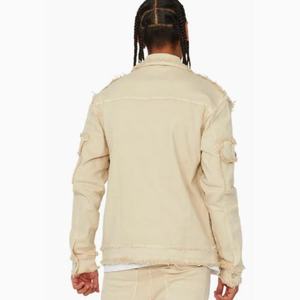 Chaqueta de Mezclilla Desgastada de Otoño, Estilo Urbano, Holgada, con Múltiples Bolsillos y Bordes Deshilachados, Color Beige, para Hombre, Fabricante de Chaquetas - Product Image 3