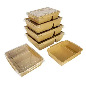 Emballage jetable étanche 2 deux compartiments plateau de restauration rapide boîte à salade rectangulaire en papier kraft avec couvercle pour animaux de compagnie