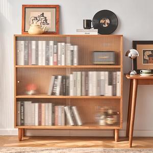 Librería de pie de madera maciza de cerezo estilo nórdico con puertas de vidrio y gabinete de almacenamiento para el hogar, oficina o sala de estar. - Product Image 3