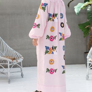 Robe élégante en coton et lin personnalisable, col rond, style décontracté, manches longues, robe midi d'été pour femmes - Product Image 4