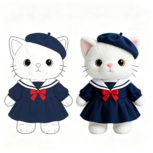 Peluche Gatto Carino con Berretto, Abito con Colletto da Marinaio e Fiocco Rosso, Adorabile Gattino Bianco, Giocattolo di Peluche Kawaii - Product Image 3