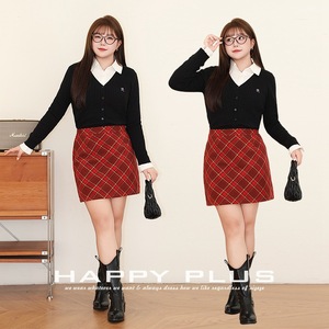 แฮปปี้ พลัส วูล ลายสก๊อตเอ-ไลน์มินิสเกิร์ตเซ็ต N9101 ชุดพรีปปี้สำหรับผู้หญิงไซส์ใหญ่ สีแดง สีดำ สีขาว - Product Image 5